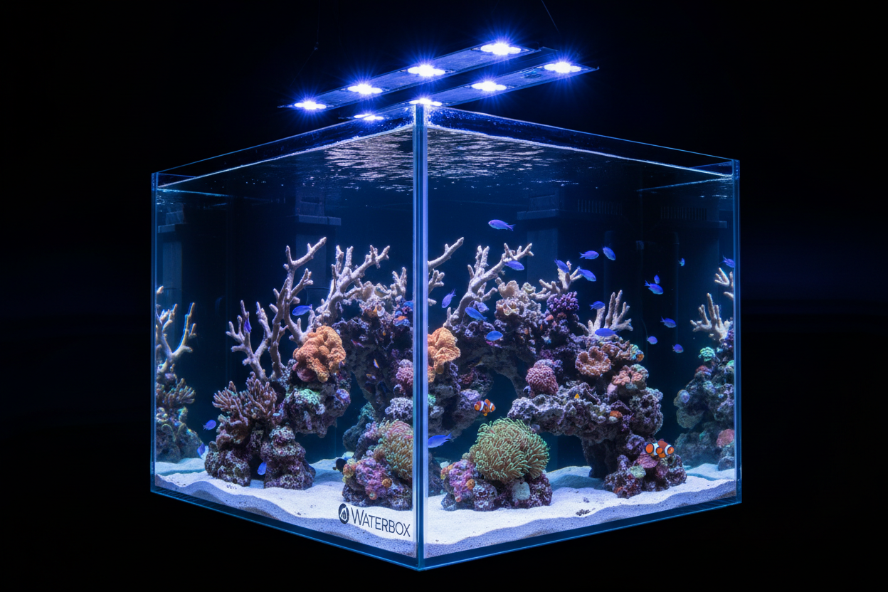 waterbox tank with radion lights and black background